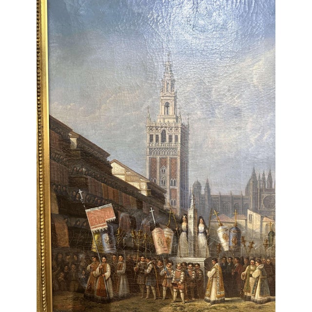 Blue Mid-19th Century French Oil Painting of Seville Procession by Baron Prost For Sale - Image 8 of 15