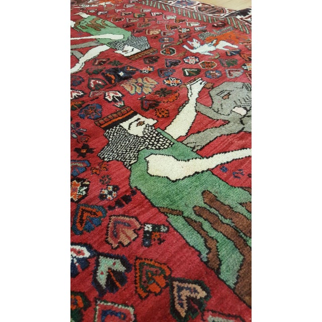 1950s Vintage Shiraz Rug, Nomadic Handmade Wool Rug, Red, Green, Navy, Gray and Ivory For Sale - Image 5 of 6