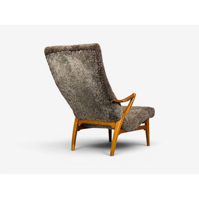 Jio Möbler, Chaise Lounge, Gray Shearling, Elm, Sweden, 1960s For Sale - Image 12 of 13