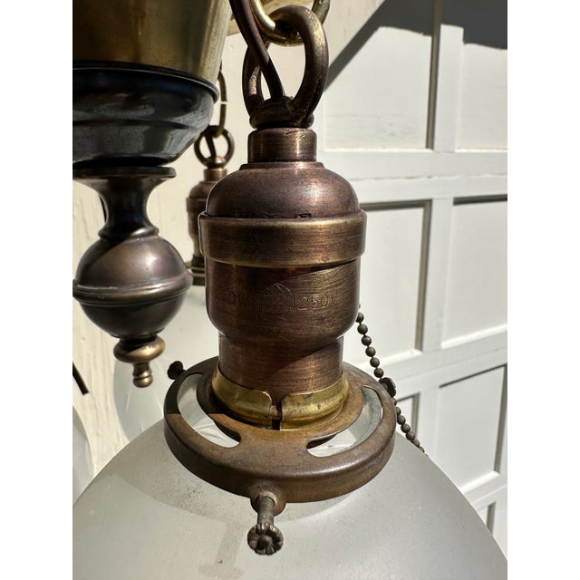 Vintage Three Light Brass Semi-Flush Mount Fixture With Vintage Shades For Sale - Image 10 of 12