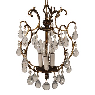 Antique French Brass 3 Lite Petite Birdcage Cut Lead Crystal Chandelier For Sale