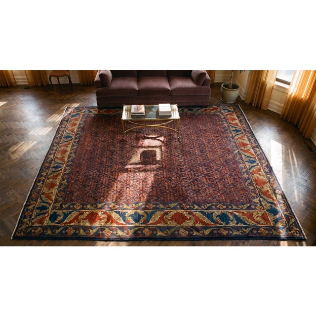 Textile 1890s Blue Navy Floral Antique W. Persian Senneh Rug 11' X 11'3" Handknotted Wool Carpet For Sale - Image 7 of 9