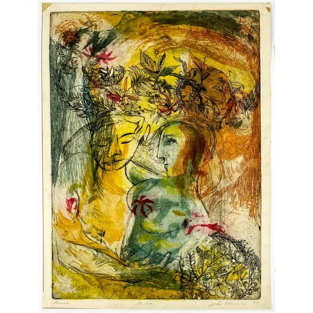 John C. Kacere (1920 - 1999) "Lovers" etching in color. Pencil signed and titled. Kacere developed a photorealist style of...