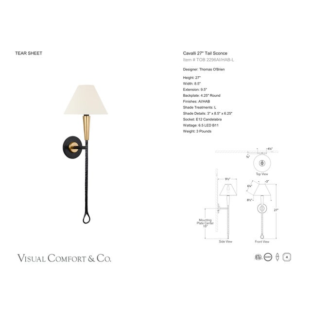 Thomas O'Brien for Visual Comfort Signature Cavalli 27" Tail Sconce in Aged Iron and Hand-Rubbed Antique Brass with Linen Shade For Sale - Image 11 of 11