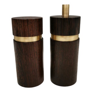 Danish Salt and Pepper Set in Wenge Wood and Brass by Svend Aage Petersen for Saap 1950s, Set of 2 For Sale
