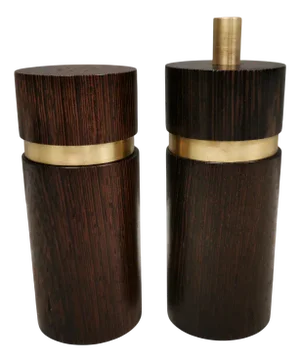 Danish Salt and Pepper Set in Wenge Wood and Brass by Svend Aage Petersen for Saap 1950s, Set of 2