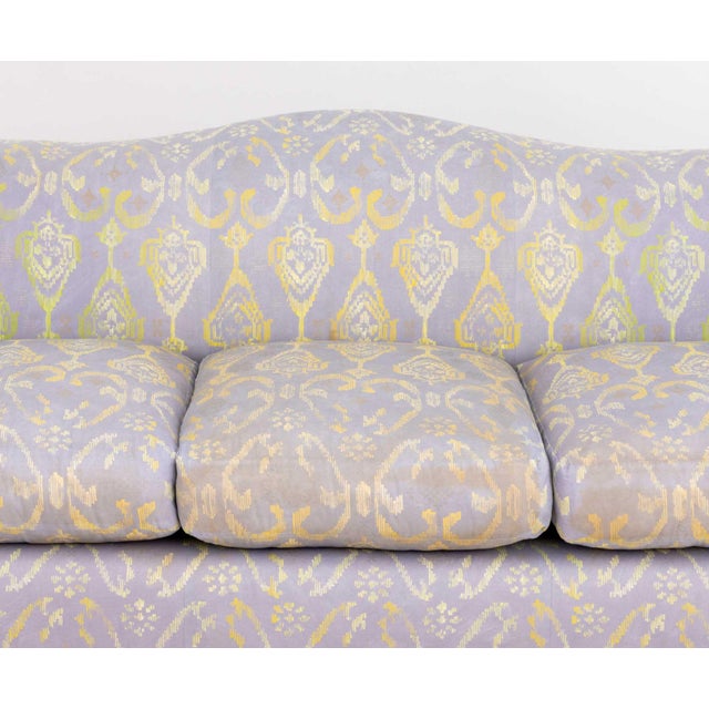 J. Robert Scott Green and Purple Print Fabric Upholstered Sofa, label beneath center cushion. 34" H x 83" W x 37" D; seat:...