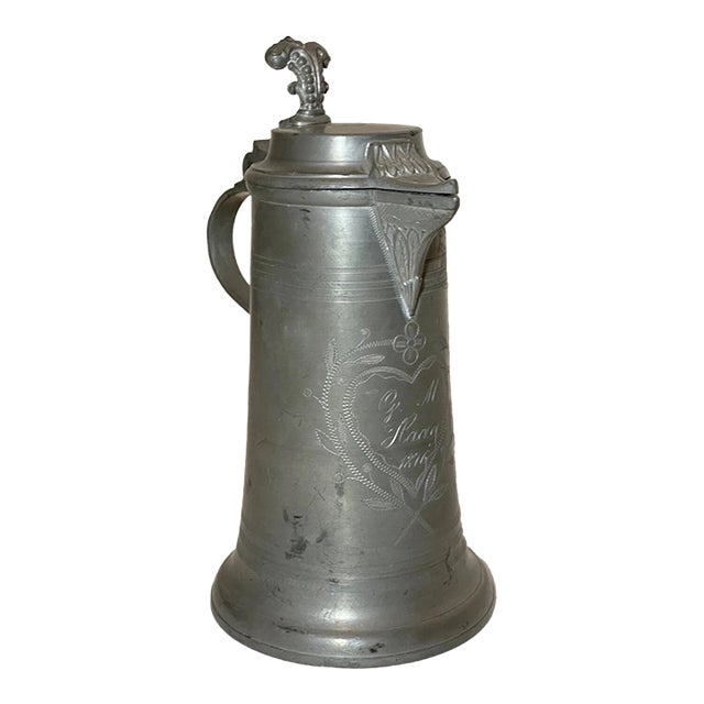 Rare Antique 1876 1 Liter Handmade Engraved Pewter Flagon Tankard Pitcher Stein For Sale