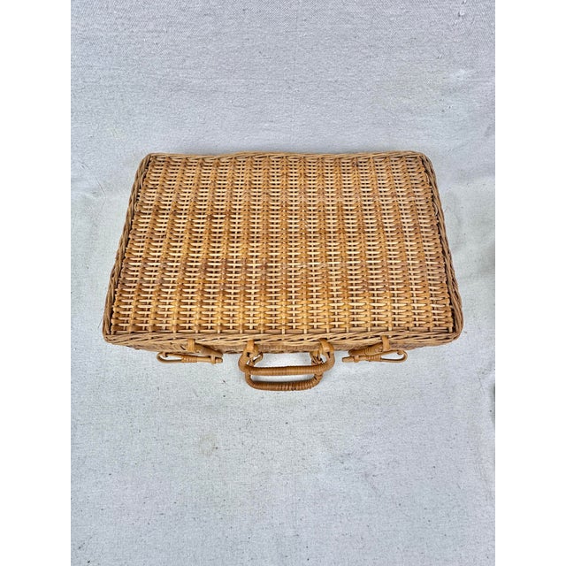 Mid-Century Modern Vintage MCM Rattan Bamboo Suitcase Style Picnic Basket For Sale - Image 3 of 9