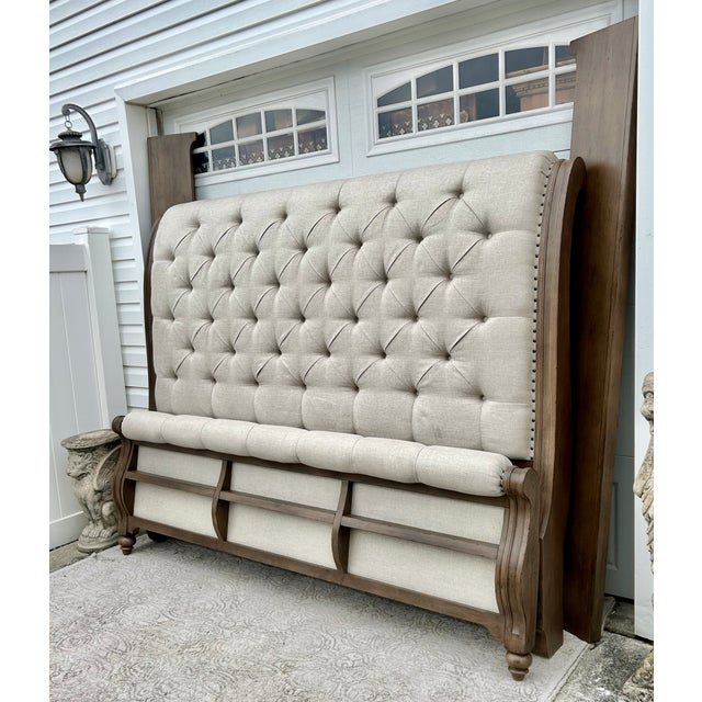 Wood King Sleigh Bed Vintage Transitional Style Tufted Upholstered Linen Taupe For Sale - Image 11 of 15