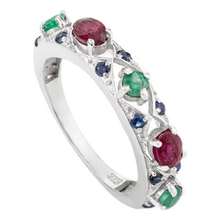 Antique 1.17 Carat Multi Gemstone Half Band Wedding Ring Crafted in Solid Silver - Size 7 For Sale