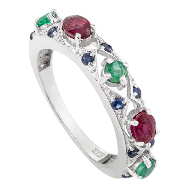 Antique 1.17 Carat Multi Gemstone Half Band Wedding Ring Crafted in Solid Silver - Size 7 For Sale