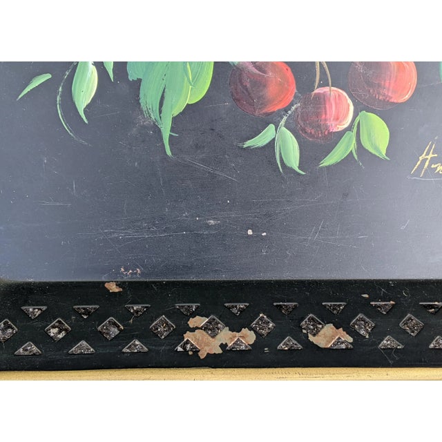 Vintage Hand Painted Black Tole Metal Tray For Sale - Image 10 of 12