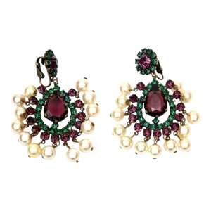 Vintage Kenneth Jay Lane Green, Purple Pearl Dangle Chandelier Clip On Earrings - 2 Pieces