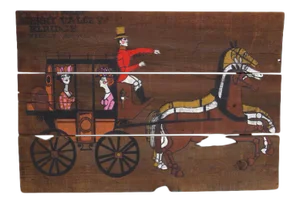 Mid 20th Century Large Mid Century Old Wood Horse Stagecoach Painting Reclaimed Board