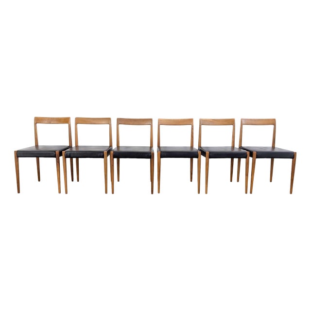 Mid-Century Walnut and Leather Chairs from Lübke, Set of 6 For Sale
