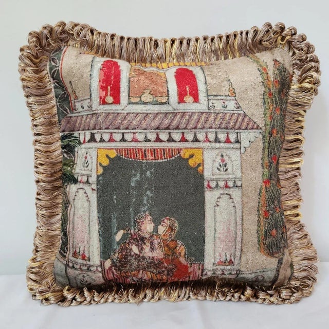 Beautiful silk velvet pillow with Indian Chinoiserie design on the front and golden-tan velvet at the back. The velvet is...