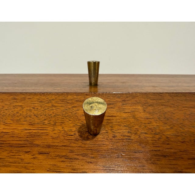 Mid-Century Teak Wood Sewing Tool Storage Box W/ Metal Handle Hinged 1950s MCM For Sale - Image 4 of 10