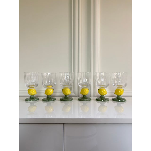 Traditional Bordallo Pinheiro Style Green Stem Lemon Motif Hand Blown Fluted Glass Goblets - Set of 12 For Sale - Image 3 of 9