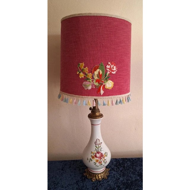 Vintage White Ceramic and Bronze Table Lamp with Colored Flower Decor and Handmade Fabric Shade, 1980s, in Very Good...