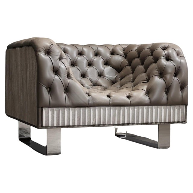 Bespoke Concrete Armchair in Pewter Napa Leather with Soft Chesterfield Detailing For Sale - Image 9 of 9