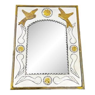 Vintage Very Large Hand Made Folk Art Punched Tin & Brass Framed Mirror For Sale