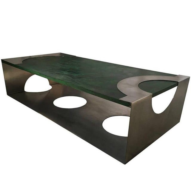 Post-Modern Green Patinated Wood and Stainless Steel Coffee Table, 1970s For Sale - Image 16 of 16