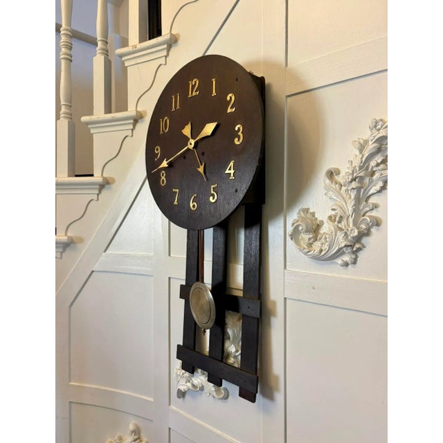 Antique Arts and Crafts Oak Wall Clock with 8-Day Striking Movement and Brass Numerals, 1900 For Sale - Image 6 of 8