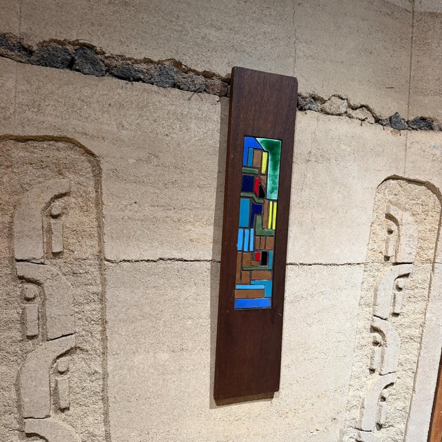 Abstract 1970s Vertical Wooden Wall Art Colorful Geometric Enamel Copper Inlay For Sale - Image 3 of 10