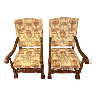 Antique Louis XIII Style Brown Walnut Tiger and Elephant Tapestry Armchairs - A Pair For Sale
