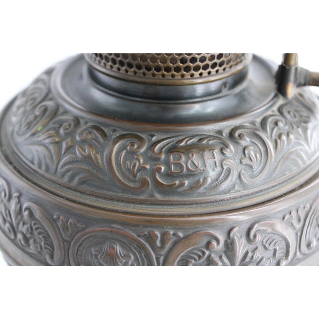 Bradley Hubbard Antique Victorian Bradley & Hubbard (B&h) Brass Banquet Lamp W/ Milk Glass Globe For Sale - Image 4 of 10