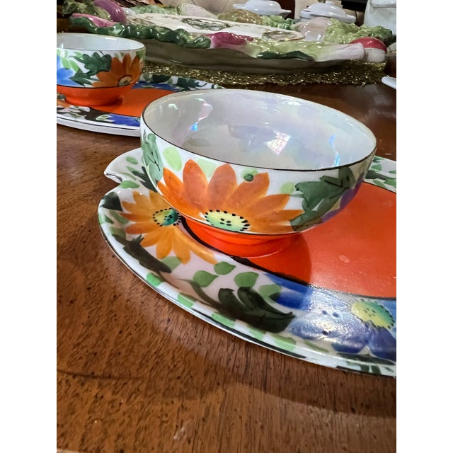 Set of 4, 1970s Orange and Blue Ceramic Plates and Teacups For Sale - Image 4 of 10