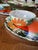 Set of 4, 1970s Orange and Blue Ceramic Plates and Teacups For Sale - Image 4 of 10