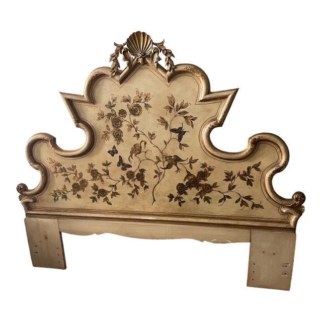 1950s Vintage Hand Painted Wood Italian King or Queen Size Headboard For Sale