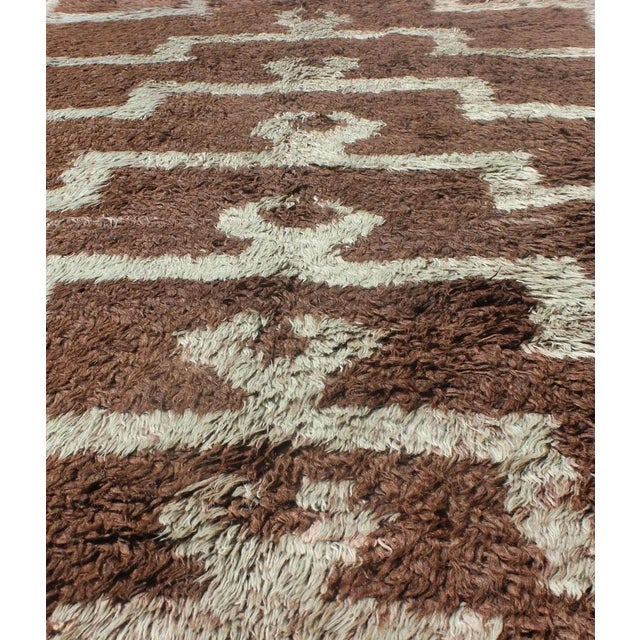 Vintage Mid-Century Modern Turkish Tulu With Tribal Pattern in Ice Blue and Brown Rug For Sale - Image 4 of 13