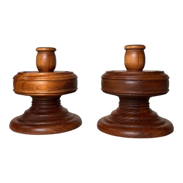 Mid Century Modern Solid Wood Turned Taper Candleholders, a Pair For Sale