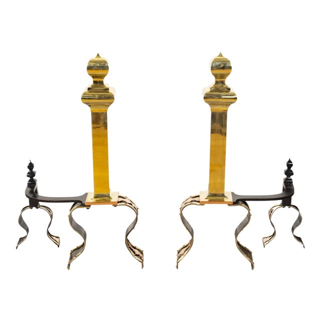 Arts & Crafts Brass, Iron and Copper Andirons - A Pair For Sale