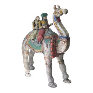 Vintage Indian Folk Art Polychrome Carved Wood Camel With Riders For Sale