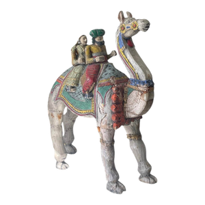 Vintage Indian Folk Art Polychrome Carved Wood Camel With Riders