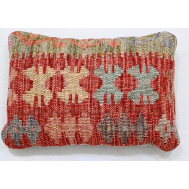 Tribal Arteverk Handwoven Afghan Kilim Lumbar Pillow — Red & Beige Diamond Lattice For Sale - Image 3 of 3