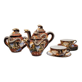 19th Century Tu y yo Satsuma Porcelain Sest with Dragon and Wise Men Motif, Japan, Set of 7 For Sale