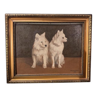 Antique Gold Framed Still Life Portrait of 2 Dogs Signed Oil Painting on Canvas For Sale