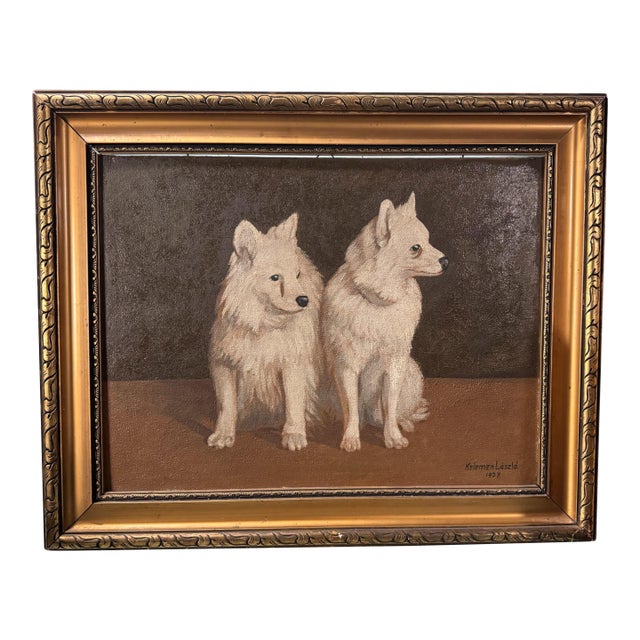 Antique Gold Framed Still Life Portrait of 2 Dogs Signed Oil Painting on Canvas For Sale