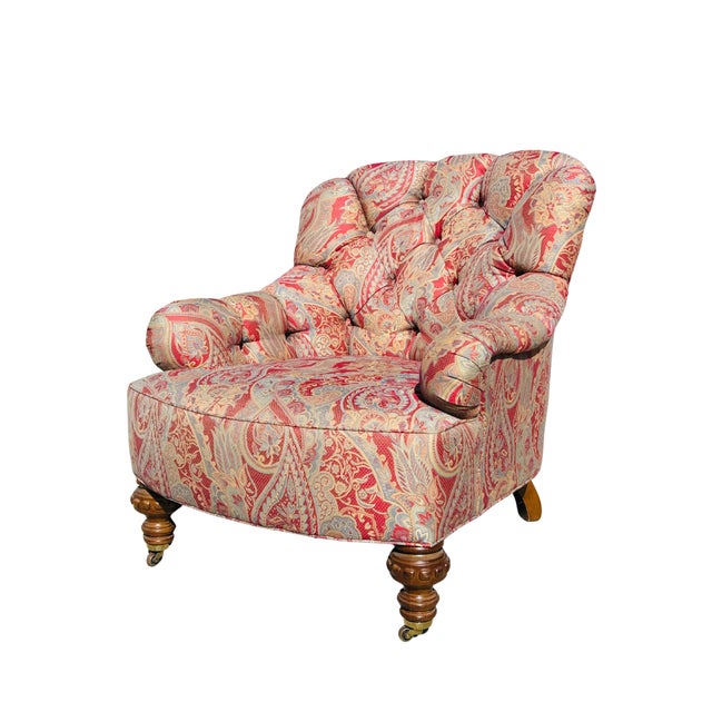 Red Late 20th C Baker Furniture Tufted Club Armchairs, George Smith Style Paisley Upholstery, Brass Casters – Pair For Sale - Image 8 of 18