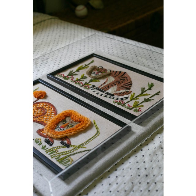 1970s Framed Crewel Embroidery Wall Art – Lion & Tiger – Acrylic Shadow Box Frame – Textile Art Pair For Sale In Houston - Image 6 of 10