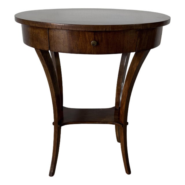 Vintage Italian Walnut Oval Side Table / Nightstand With Drawer For Sale