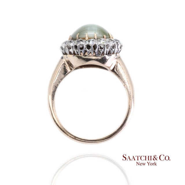 Metal 14k Cat Eye Diamond Ring Womens Vintage Halo Elegant Old Money Minimalist, Size 5.25 For Sale - Image 7 of 9