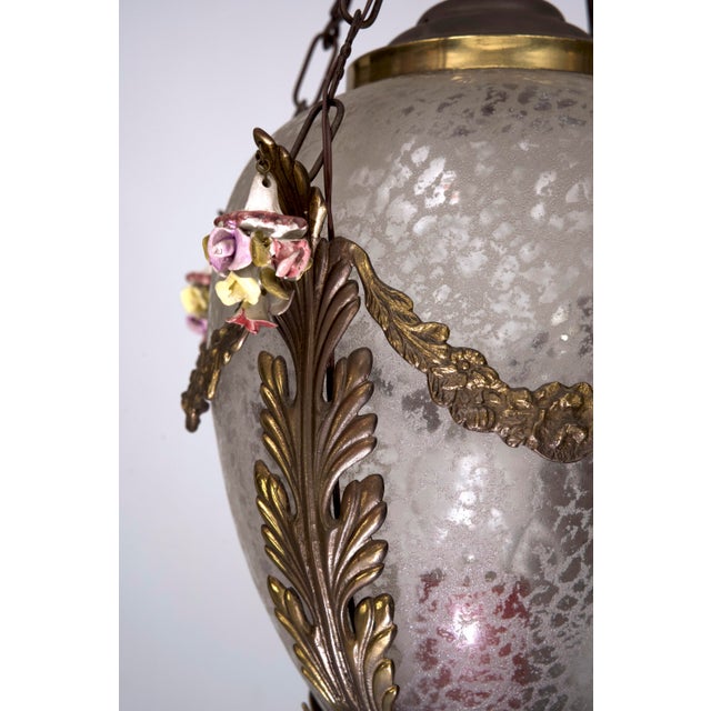 Italian Brass, Etched Glass and Capodimonte Flowers Lantern, 1950s For Sale - Image 4 of 14