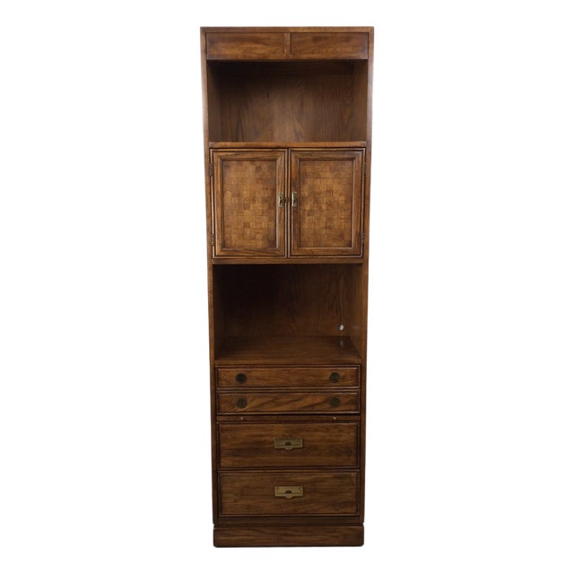 Vintage Campaign Style Oak Wall Unit With Brass Hardware For Sale