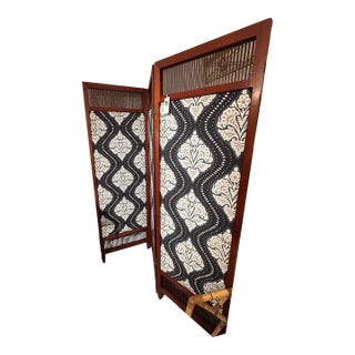 Vintage Mahogany & New Ikat Fabric 3 Panel Screen For Sale